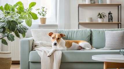 Cute dog resting on a light green couch in a modern living room.
