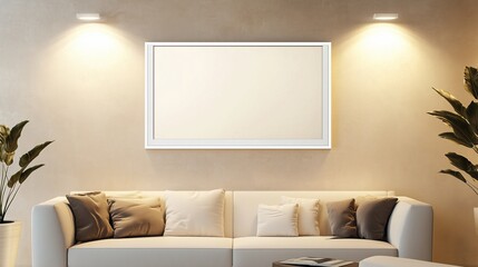 A modern white frame mounted on a soft beige wall, surrounded by smooth ambient lighting, creating a serene and neutral space.