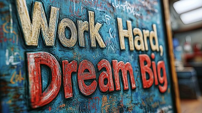 A motivational 'Work Hard, Dream Big' quote is textured onto a blue and red background, presenting an artistic and captivating visual ideal for inspiring viewers.