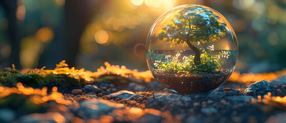 World Photography Day ,Colorful Easter eggs resting in green grass under a tree, with a globe representing Earth in the background, surrounded by nature, symbolizing global unity and ecology