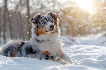 Australian Shepherd Dog Portrait in Winter Park, Energetic Canine in Snowy Outdoors