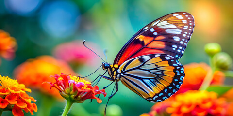Fototapeta premium Vibrant close-up image of a colorful butterfly perched on a flower, nature, insect, wings, beauty, vibrant
