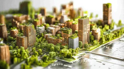 Obraz premium A miniature city model with tall buildings covered in green vegetation.