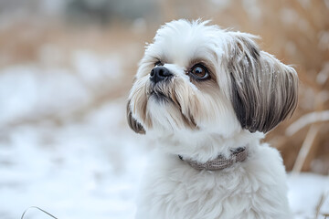 Shih Tzu Dog Portrait in Winter Park, Fluffy Pet in Snowy Outdoors