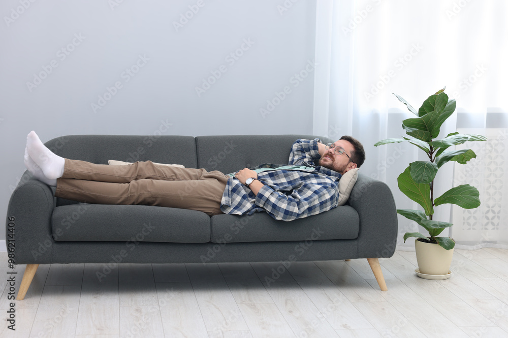 Poster Smiling man relaxing on sofa at home