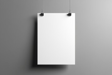 Hanging white paper mockup on a gray studio background. front view