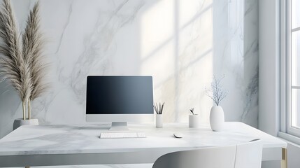 Minimalist workspace with a desktop computer, pencils, and a white vase with a branch on a white marble desk in a modern office.