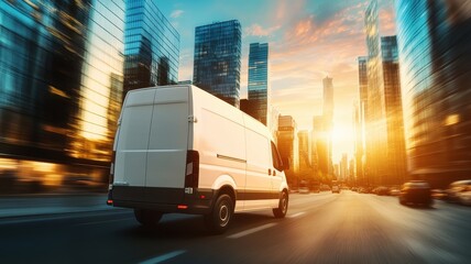 A delivery van speeds through a bustling cityscape at sunset, surrounded by towering skyscrapers and a vibrant urban atmosphere.