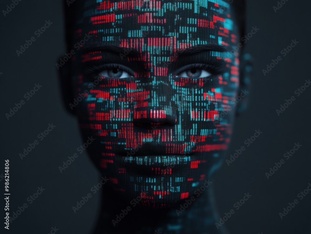 Poster a digital portrait with a face covered in vibrant, pixelated patterns, blending human features with 