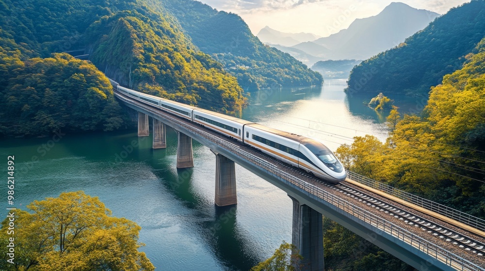 Poster A high-speed train crossing a modern bridge with a scenic river below, emphasizing its design and the advanced engineering of the rail system.