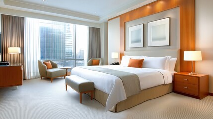 Obraz premium Modern Hotel Room with Elegant Design and City View