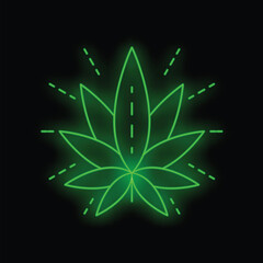 Green neon sign is depicting cannabis leaf surrounded by sun rays on black background