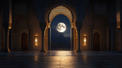 Ornate archway leading to a view of a full moon in the night sky.