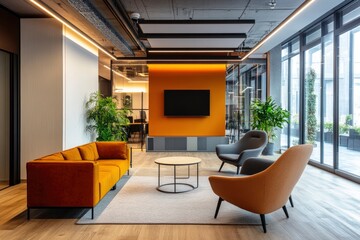 Fototapeta premium Modern and comfortable company office interior with formal meeting room and relaxation area with generative ai