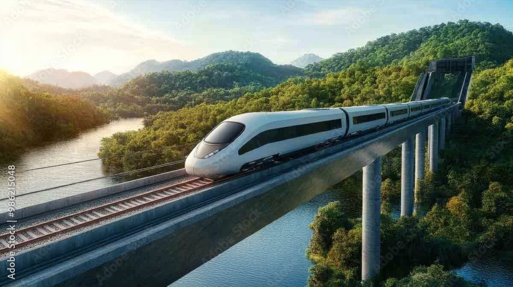 Poster A high-speed train crossing a modern bridge with a scenic river below, emphasizing its design and the advanced engineering of the rail system.