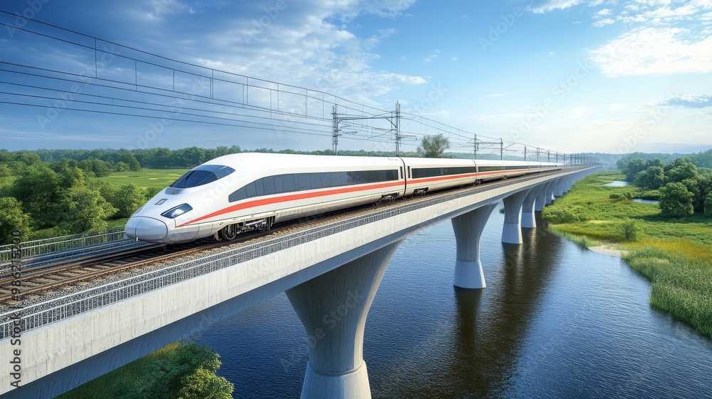 Poster A high-speed train crossing a modern bridge with a scenic river below, emphasizing its design and the advanced engineering of the rail system.