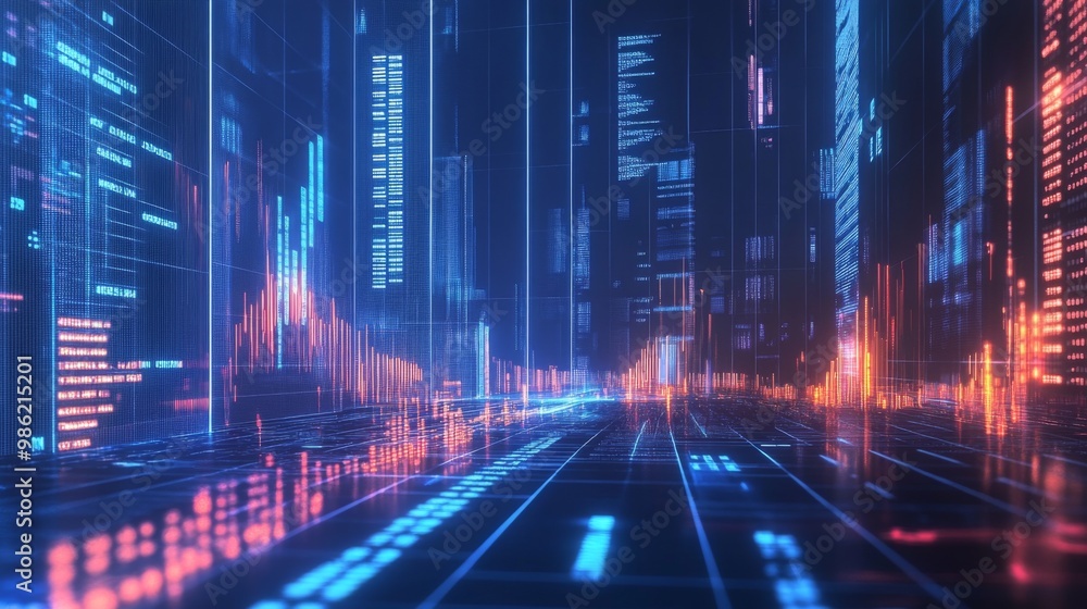 Poster A high-tech 3D bar chart floating in a digital grid with glowing numbers and data streams, perfect for illustrating modern financial analysis.