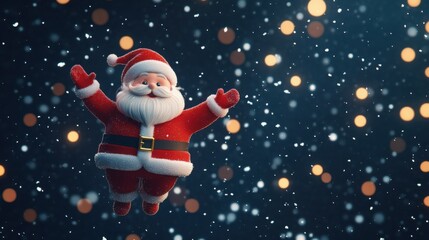 A joyful Santa Claus in a snowy scene, spreading holiday cheer with a backdrop of glowing lights.