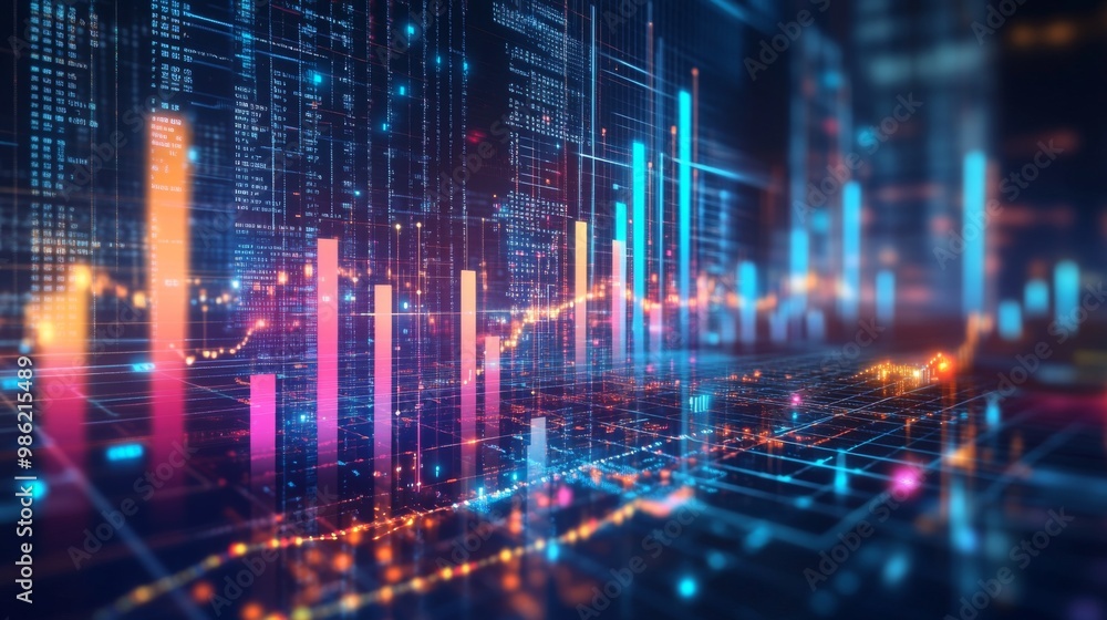 Poster a high-tech 3d bar chart floating in a digital grid with glowing numbers and data streams, perfect f