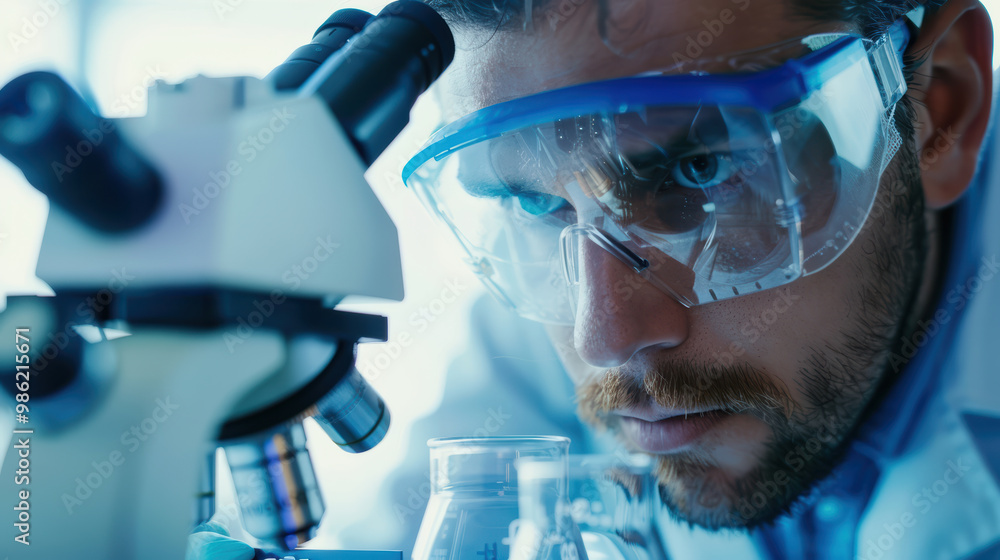 Poster a focused scientist examines samples under microscope, showcasing dedication and precision in labora