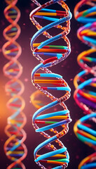 A close-up view of colorful DNA double helix structures against a blurred background. The strands are intertwined, showcasing vibrant colors representing the genetic code.