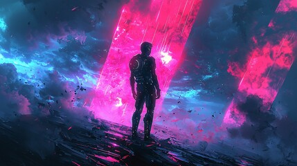 Futuristic Warrior Standing in a Vibrant Landscape