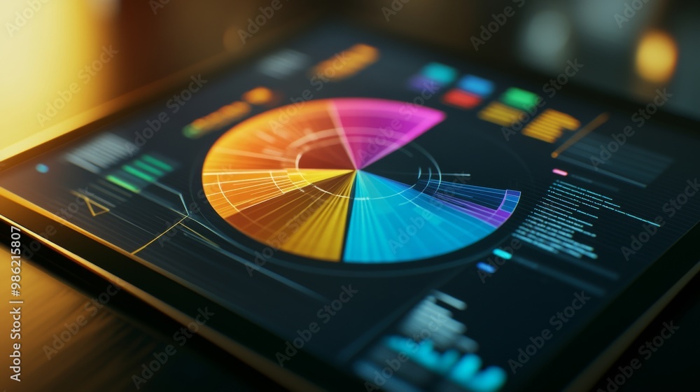 Aufkleber a high-tech 3d pie chart displayed on a tablet screen, with percentages overlaid on each segment, pe