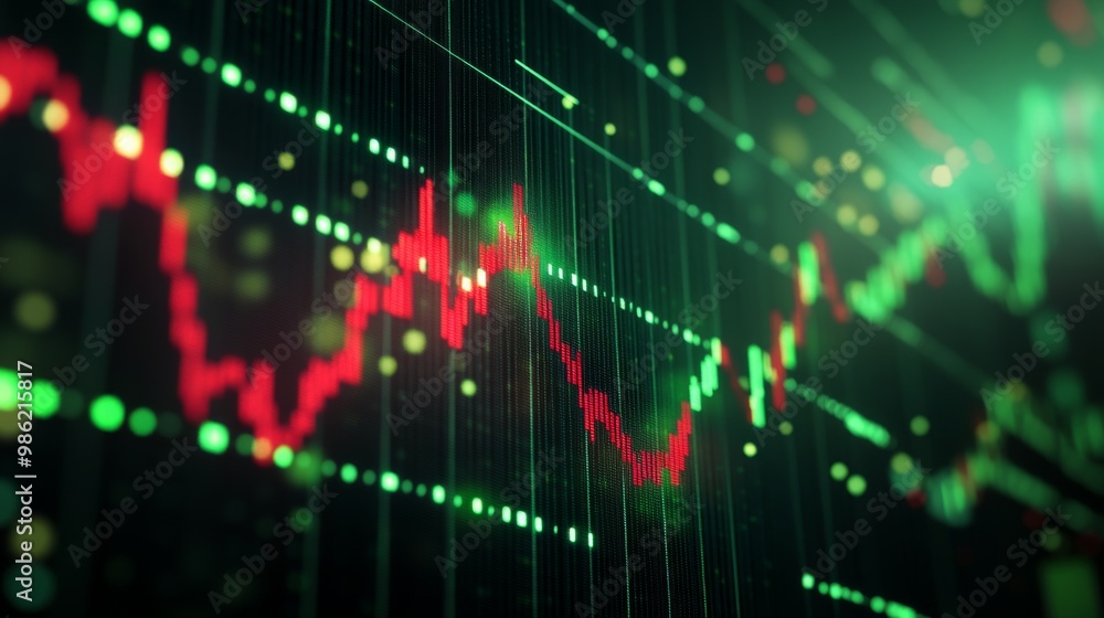 Poster a high-tech financial graph in green and red, displayed on a large digital board, representing stock
