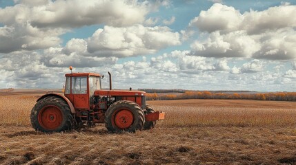 Obraz premium A red tractor sits in a field of brown, dry stubble under a cloudy sky.