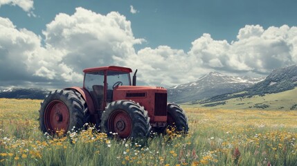Naklejka premium Red tractor parked in a field of wildflowers with a mountain range in the background.