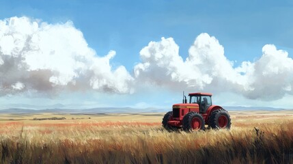 A red tractor sits in a field of tall grass with a blue sky and white clouds.