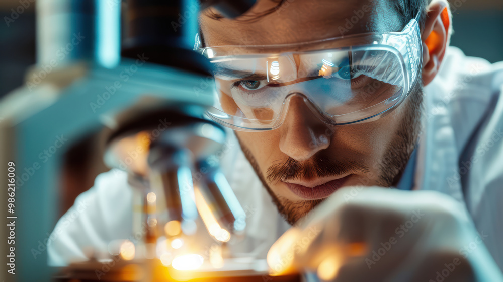 Poster a focused scientist examines specimen under microscope, showcasing precision and dedication in labor