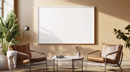 Simple blank white frame aligned with precision on a warm beige wall, surrounded by sleek, minimalistic furniture for an elegant look.