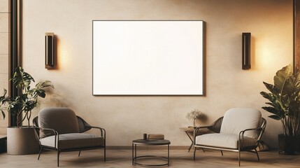 Simple blank white frame aligned with precision on a warm beige wall, surrounded by sleek, minimalistic furniture for an elegant look.