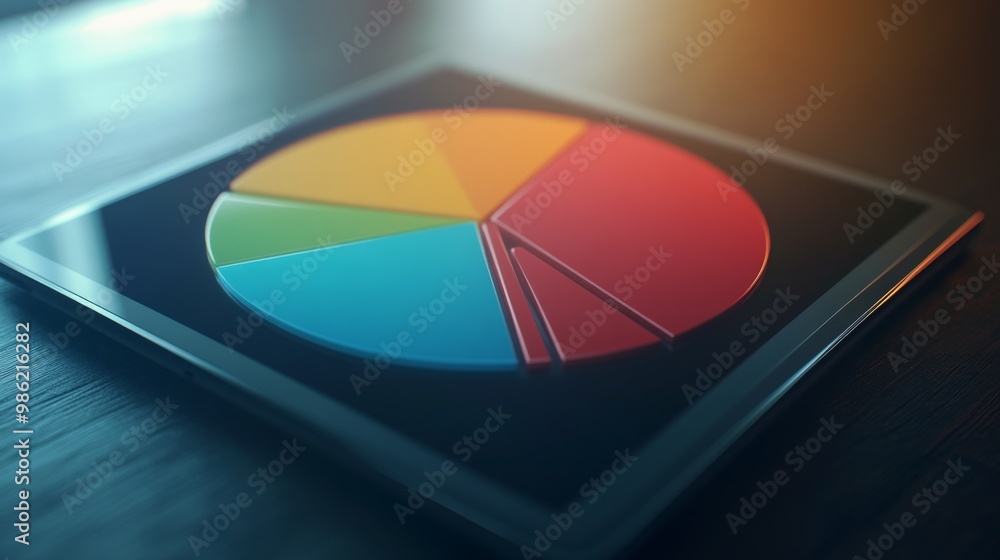 Aufkleber a high-tech 3d pie chart displayed on a tablet screen, with percentages overlaid on each segment, pe