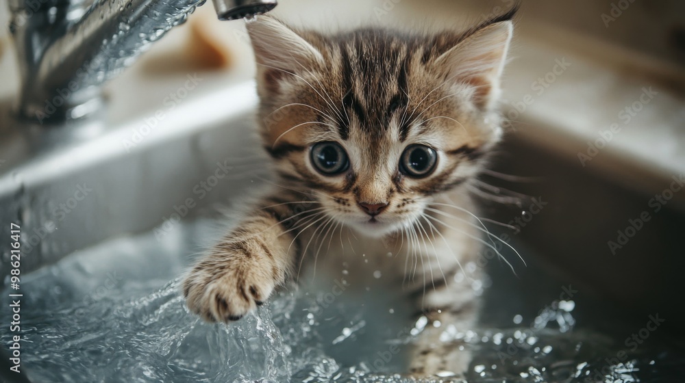 Poster a kitten exploring a water-filled sink, with its paws in the water and a look of wonder as it intera