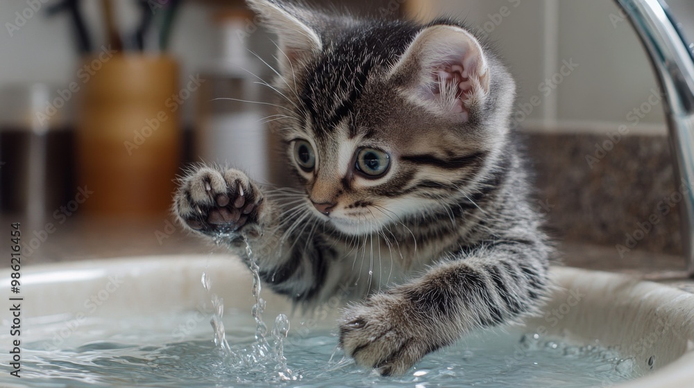 Poster a kitten exploring a water-filled sink, with its paws in the water and a look of wonder as it intera