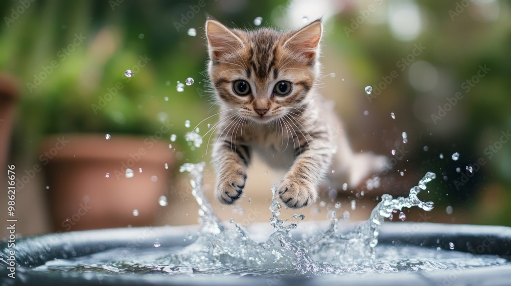 Poster A kitten jumping into a small pool of water, with splashes around it and a look of excitement and curiosity on its face.