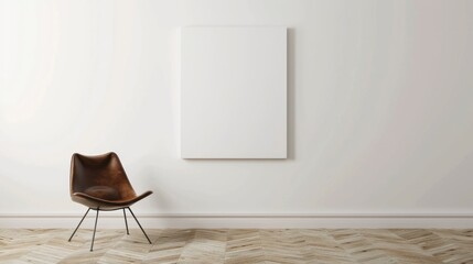 Minimalist interior with blank canvas and leather chair on wooden floor.