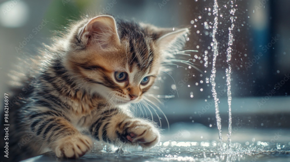 Poster a kitten pawing at a water fountain indoors, with a focus on its playful interaction with the water 
