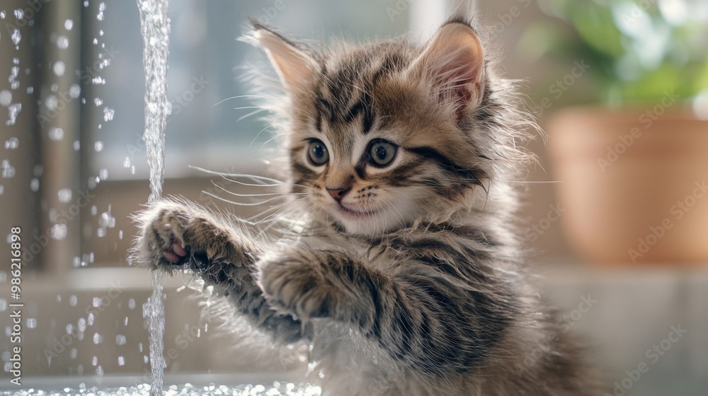 Poster a kitten pawing at a water fountain indoors, with a focus on its playful interaction with the water 