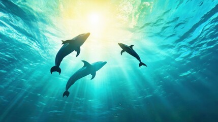 Fototapeta premium Playful Dolphins Swimming Underwater in Sunlit Ocean