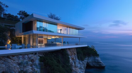 Fototapeta premium Luxury Mediterranean Seaside Villa with Panoramic Ocean View and Sunset Terrace