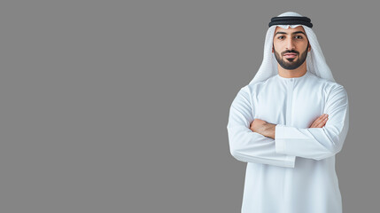 Emirati Man Smiling with Crossed Arms on Isolated gray Background: Perfect for Portraits, Cultural Representation, and Marketing Materials - Capturing Confidence, Positivity, and Tradition.