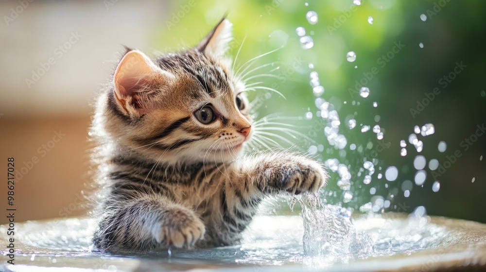 Poster a kitten pawing at a water fountain indoors, with a focus on its playful interaction with the water 