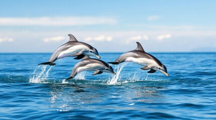 Obraz premium Playful Dolphins Jumping in Clear Blue Ocean