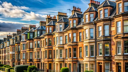 Fototapeta premium Close-up of a row of traditional terraced residential buildings in Glasgow, Scotland, UK , close-up, row, terraced