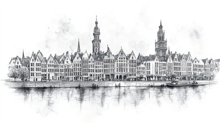 Fototapeta premium Ghent, Belgium, black and white pen pencil hand-drawn effect drawing illustration for travel poster, card, wallpaper, backdrop or banner. Modern, clear, artistic and simple