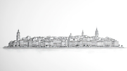 Obraz premium Gijn, Spain, black and white pen pencil hand-drawn effect drawing illustration for travel poster, card, wallpaper, backdrop or banner. Modern, clear, artistic and simple