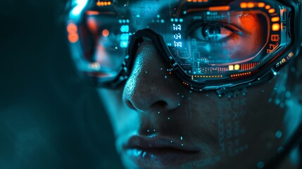 A close-up of a person wearing futuristic glasses, illuminated by digital interfaces, showcasing a blend of technology and human expression.